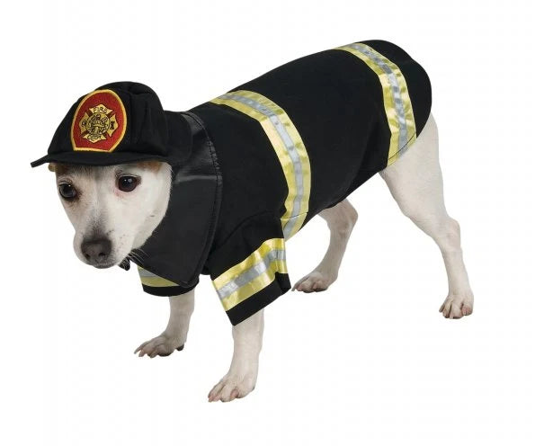 Cute dog in firefighter dog costume with reflective stripes and cap by Zoomies & Co
