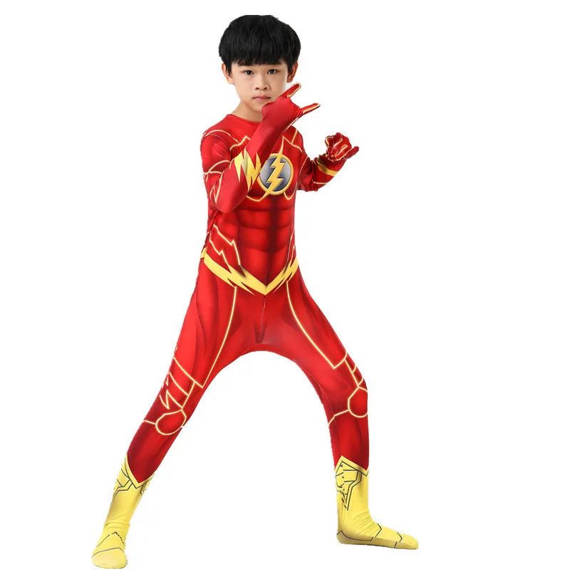 Child wearing a red flash costume set with mask for carnival, striking a superhero pose