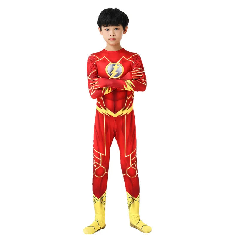 Kids Flash Costume Set with Mask for Carnival featuring a vibrant red design and lightning decals