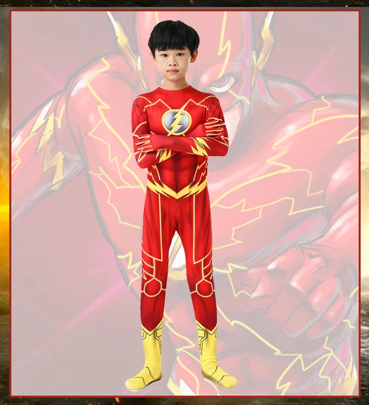 Flash costume set with mask for carnival, featuring a bright red suit and lightning details for kids