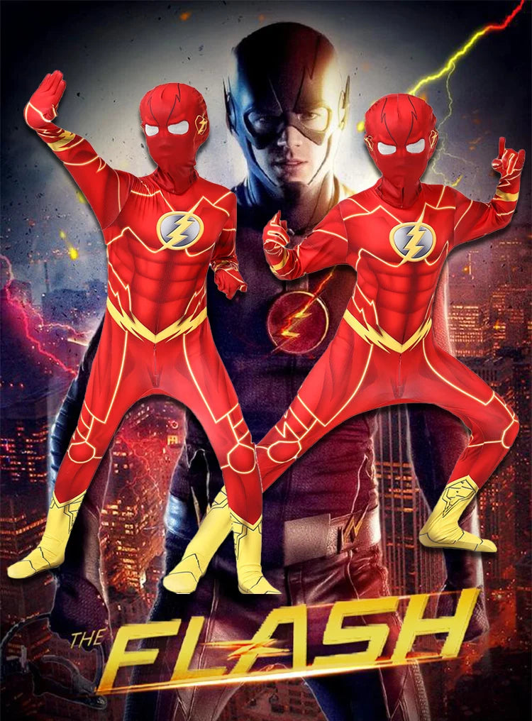 The Flash costume set with mask for carnival featuring two kids in superhero outfits