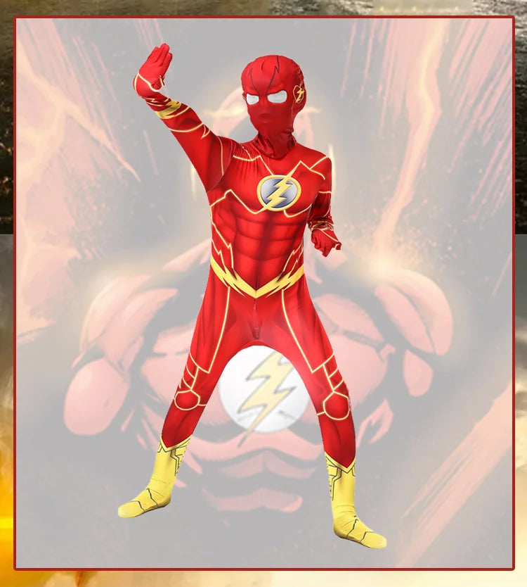 Flash costume set with mask for carnival featuring a vibrant red bodysuit and emblematic lightning logo