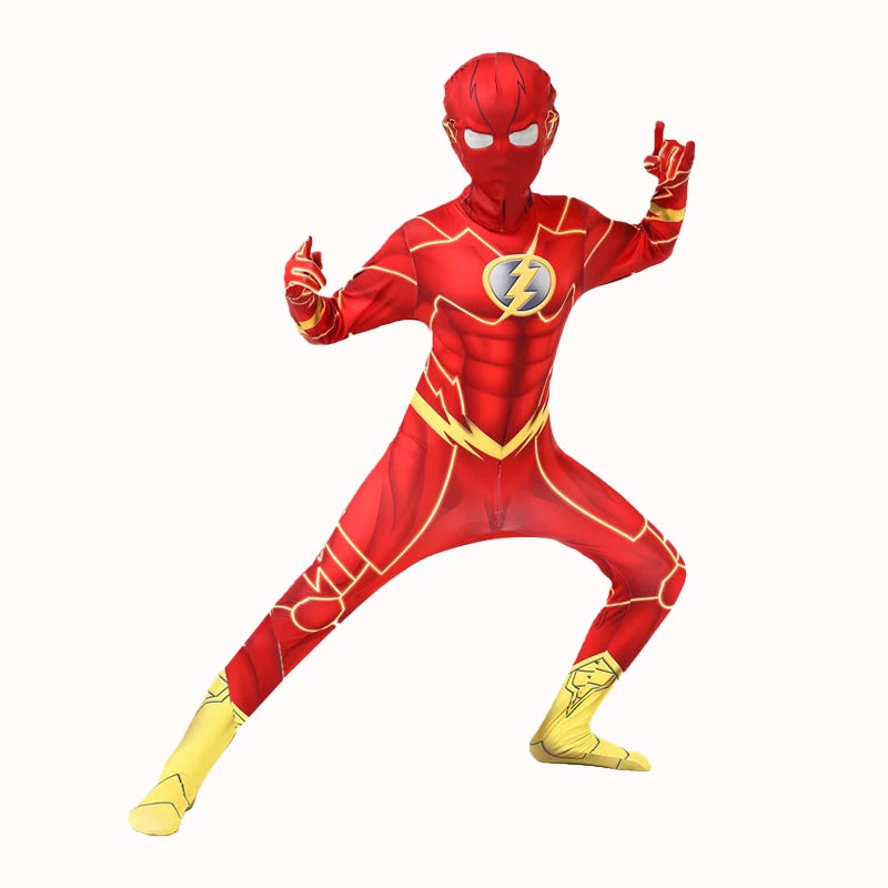 Bright red flash costume set with mask for carnival, featuring muscle details and a sleek design