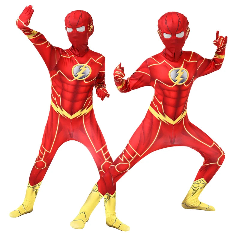 Flash costume set with mask for carnival featuring vibrant red design and detailed lightning logos