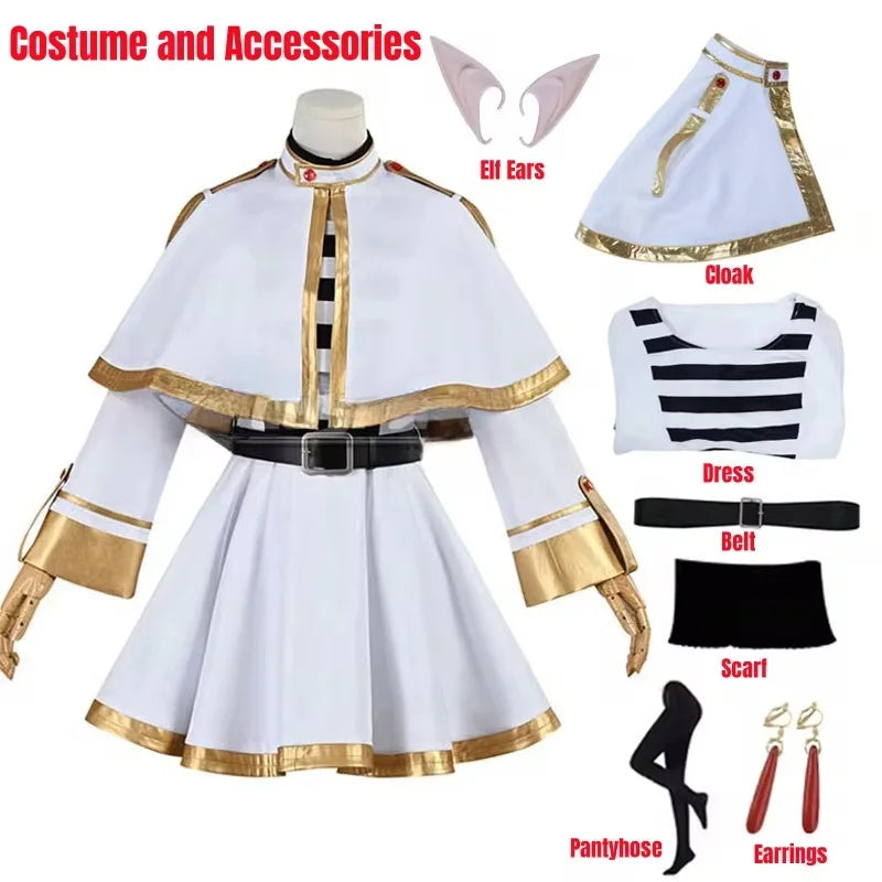 Frieren cosplay costume set featuring a dress, cloak, belt, and accessories like elf ears and earrings