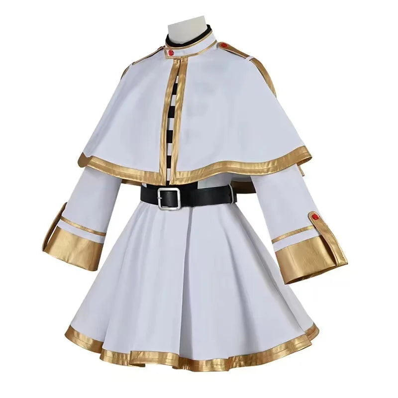 Frieren cosplay costume set featuring a white cape dress with gold accents and belt for anime fans