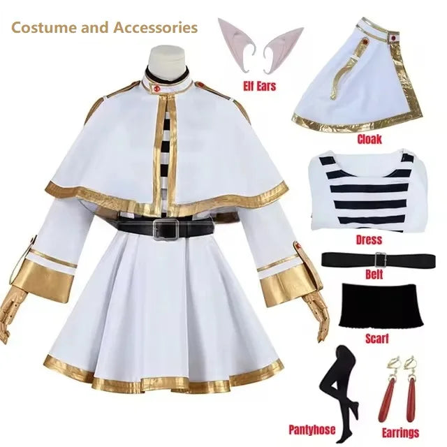 Frieren cosplay costume set including dress, cloak, belt, elf ears, and accessories for anime fans