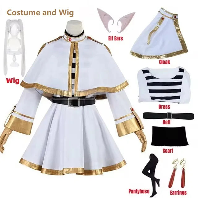 Frieren cosplay costume set including wig, cloak, dress, belt, and accessories for anime fans