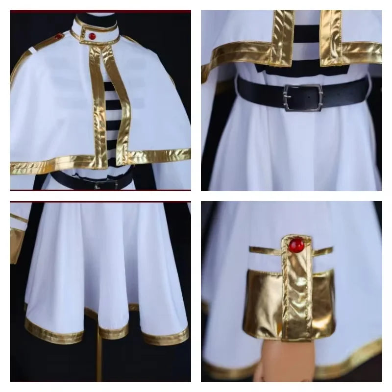 Frieren cosplay costume set in white, gold accents, and a stylish belt for fans of the series