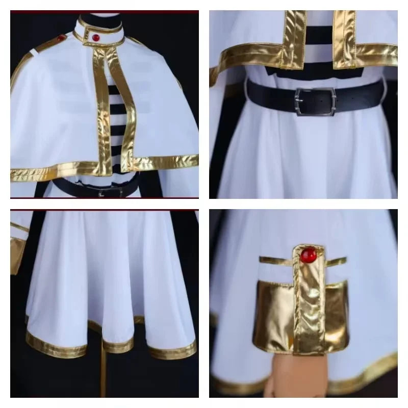 Frieren cosplay costume set featuring a white cape with gold trim and a decorative belt