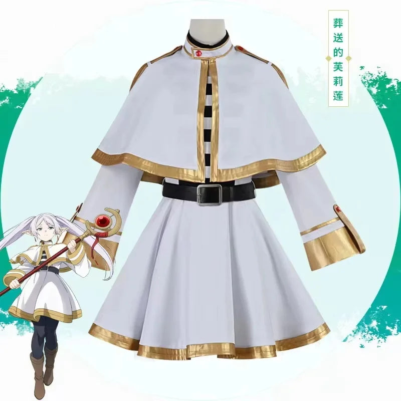 Frieren cosplay costume set featuring a white dress with gold accents and a matching cape