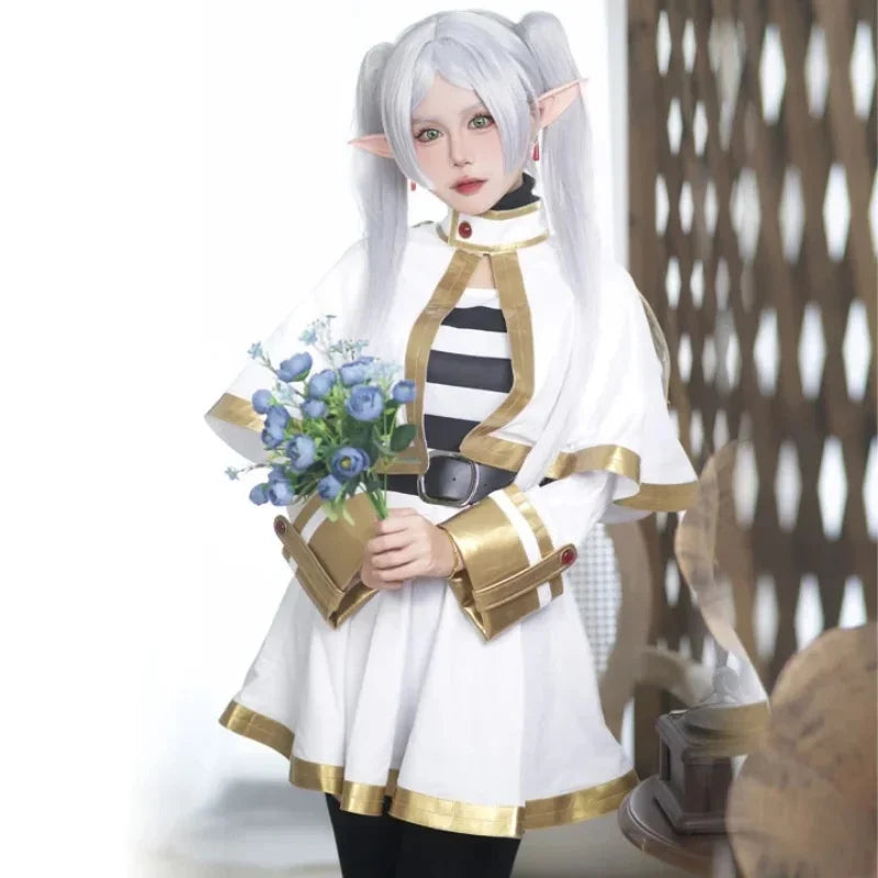 Frieren cosplay costume set featuring a character in a white and gold outfit with long silver hair and a bouquet