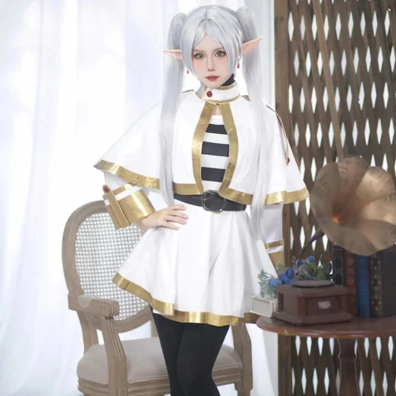 Frieren cosplay costume set with white and gold detailing, perfect for anime fans and conventions