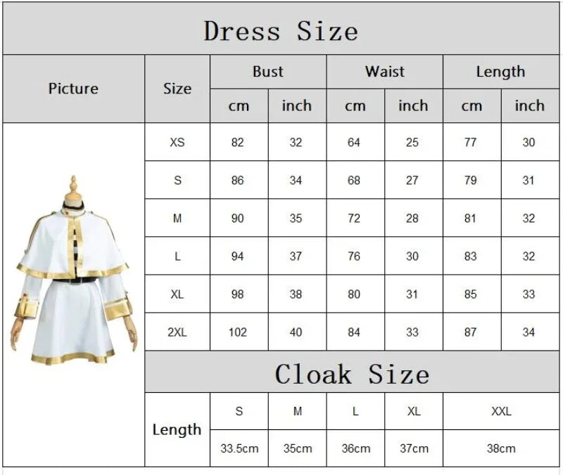 Frieren cosplay costume set with cloak and dress size chart for accurate fitting