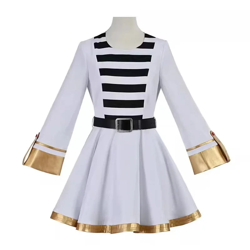 Frieren cosplay costume set featuring a white dress with black stripes and golden accents for anime fans