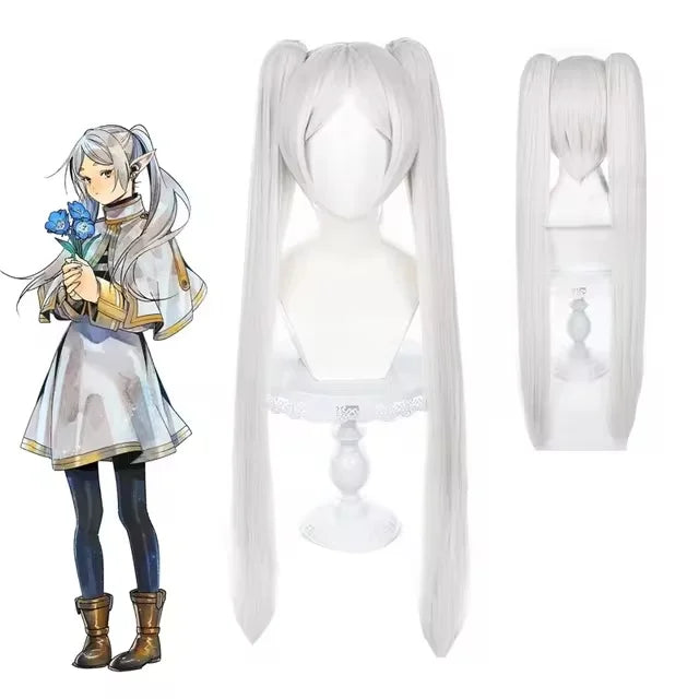 Frieren cosplay costume set with a white dress and long silver wig featuring twin ponytails