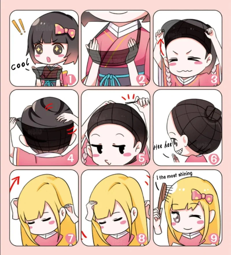 Step-by-step guide to wearing a Frieren cosplay costume set with fun animated illustrations.