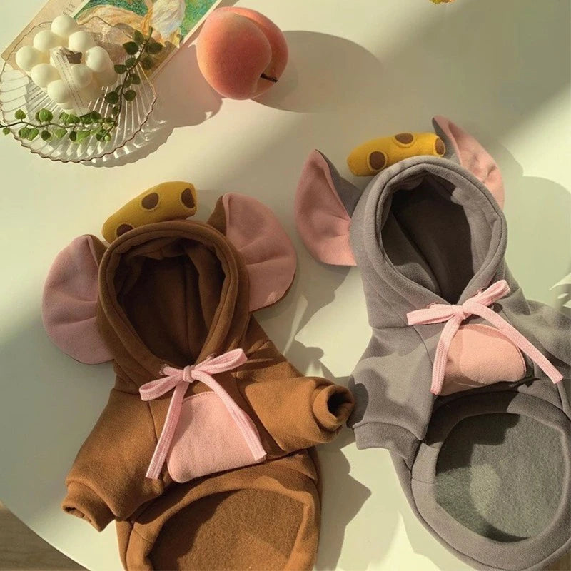 Cute funny animal costume for pets featuring brown and gray designs with animal ears