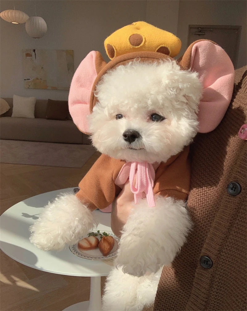 Adorable pet wearing a funny animal costume for pets featuring mouse ears and a cheese hat