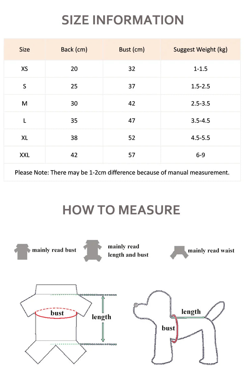 Size chart for funny animal costume for pets showing bust and length measurements