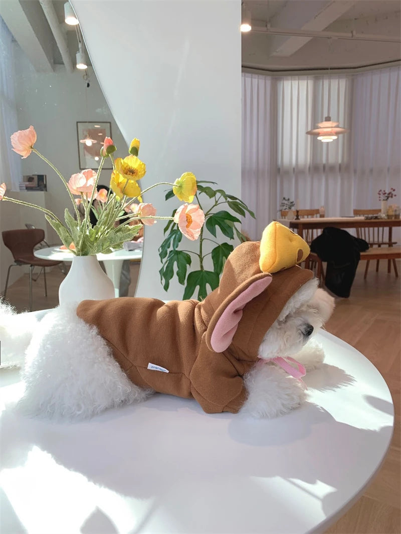 Cute dog wearing a funny animal costume for pets with ears and a tail in a bright setting