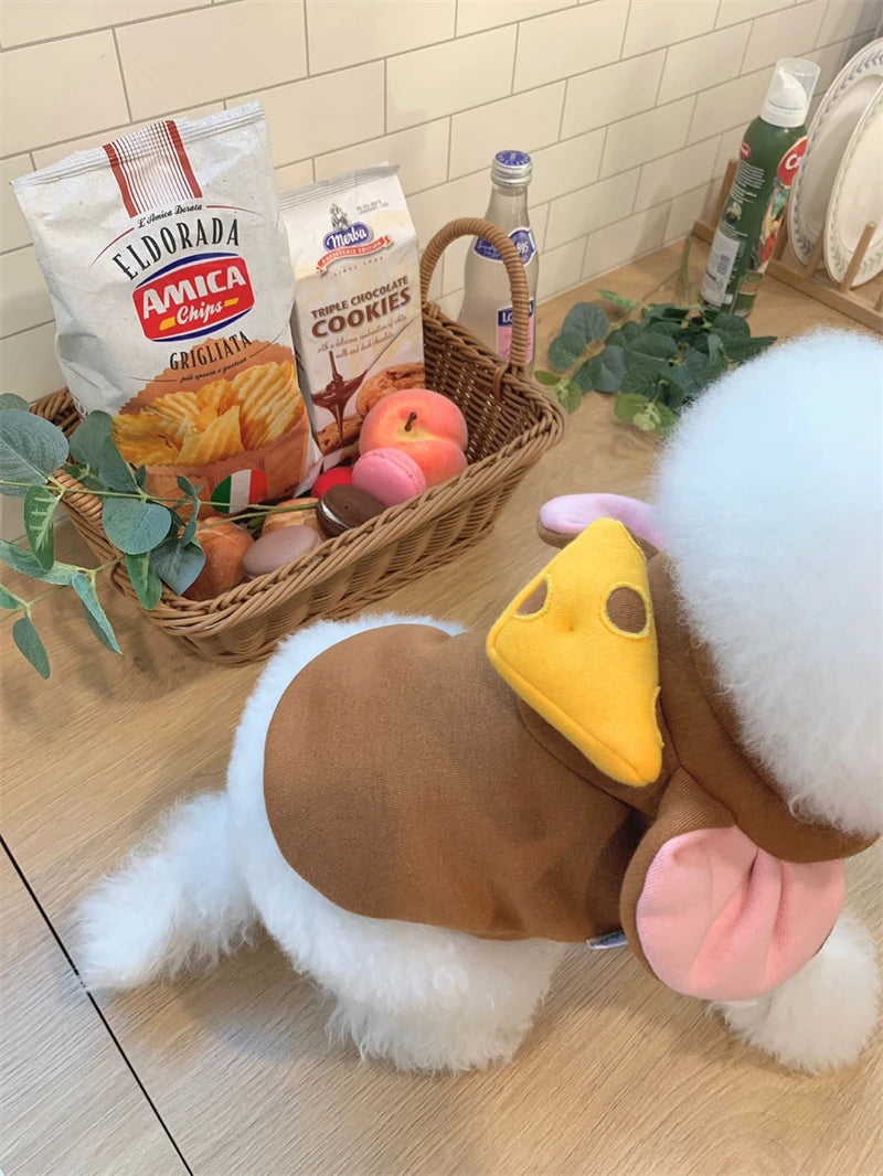 Cute pet wearing a funny animal costume for pets with a playful design in a cozy kitchen setting