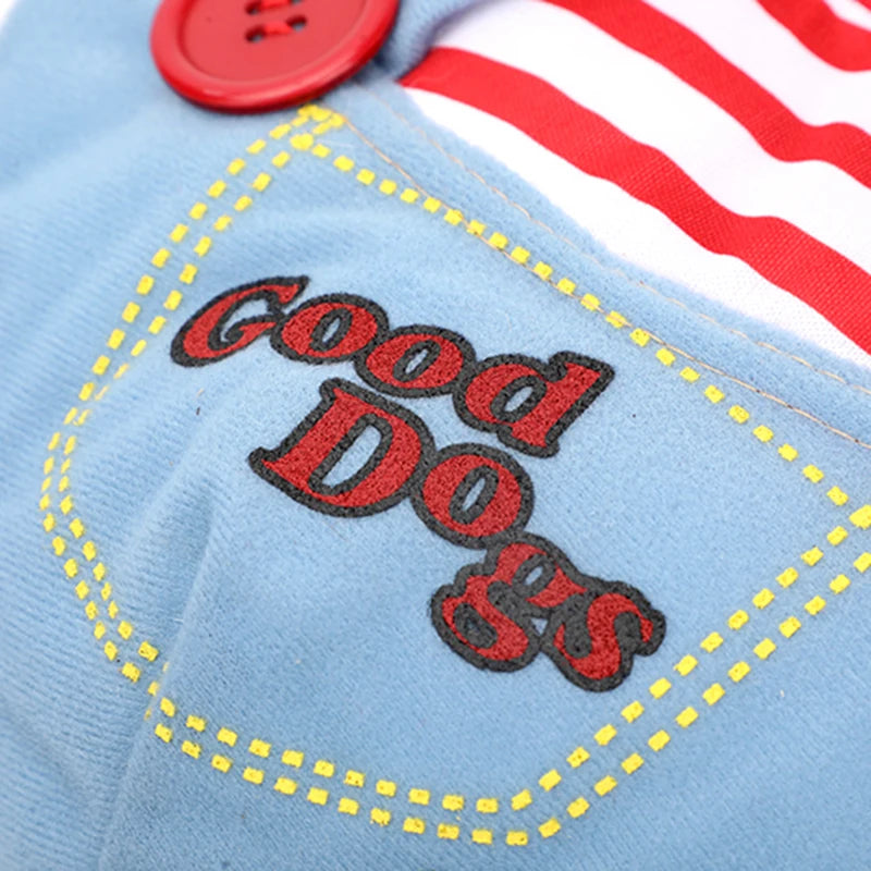 Blue overalls with Good Dogs patch, perfect for a funny cat halloween costume