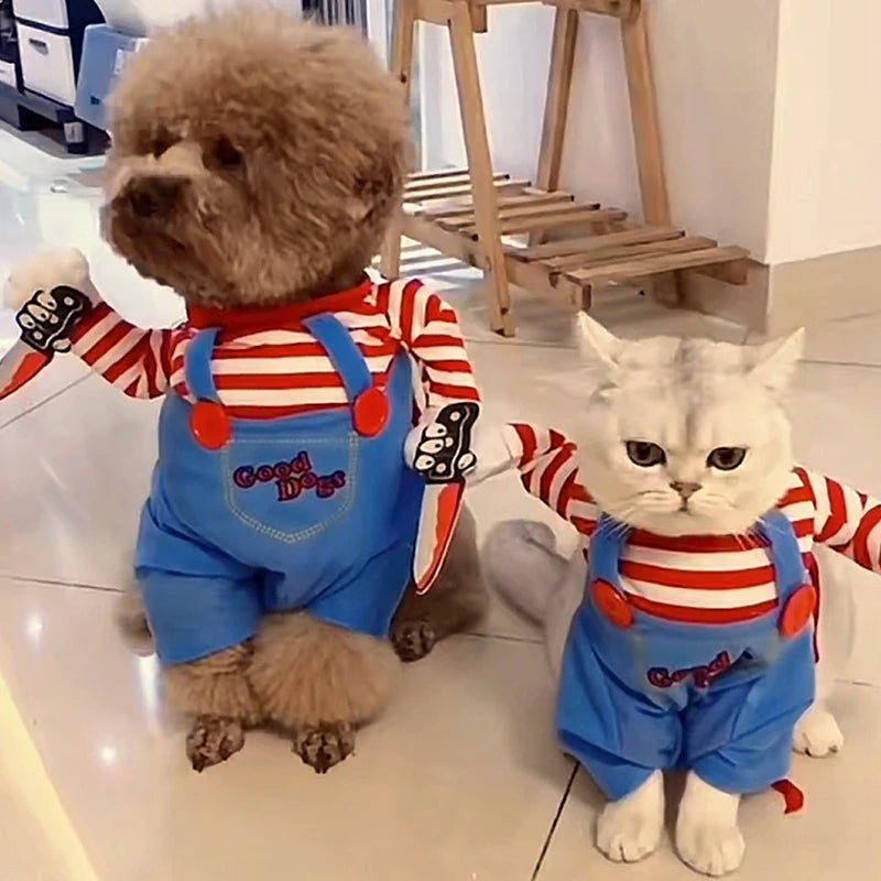 Funny cat Halloween costume featuring a cat and dog in matching striped outfits and overalls