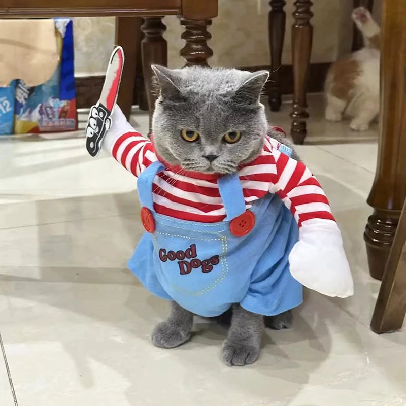 Funny cat Halloween costume featuring a grey cat dressed as a playful character with blue overalls