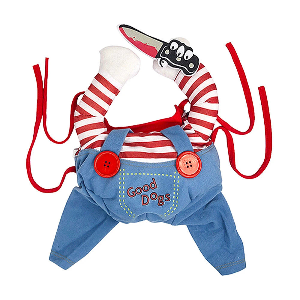 Funny cat Halloween costume designed as a playful cartoon character with a toy knife and blue overalls