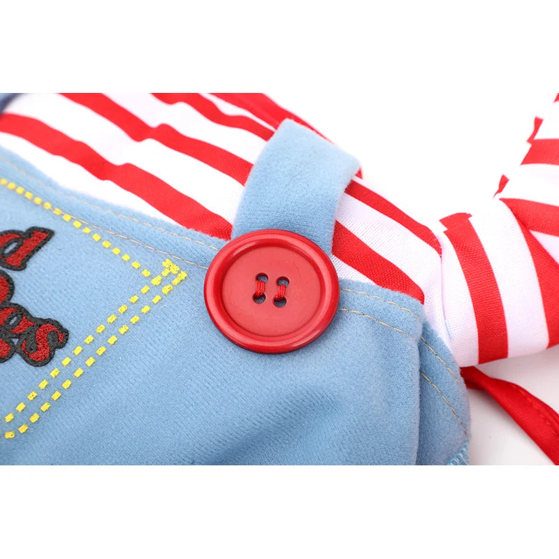 Funny cat Halloween costume featuring a blue outfit with red stripes and button details