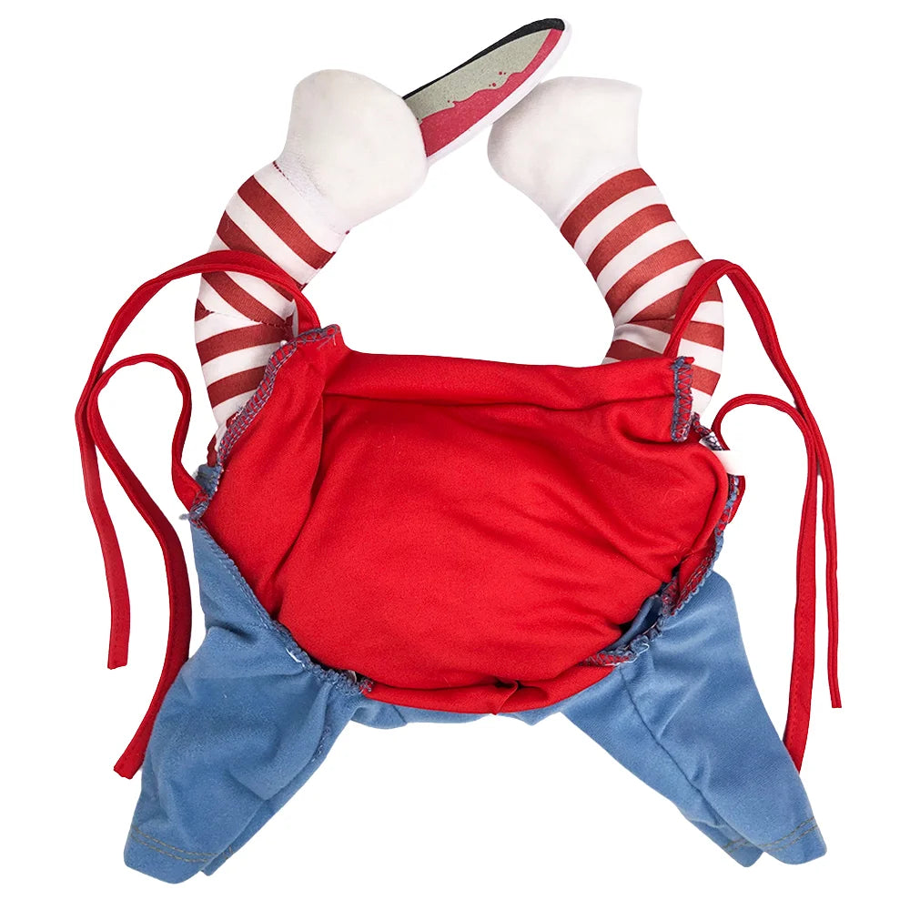 Funny cat Halloween costume featuring a playful design with striped legs and red fabric for pets