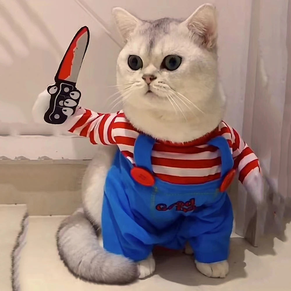 Adorable funny cat Halloween costume featuring a striped shirt and blue overalls with a toy knife