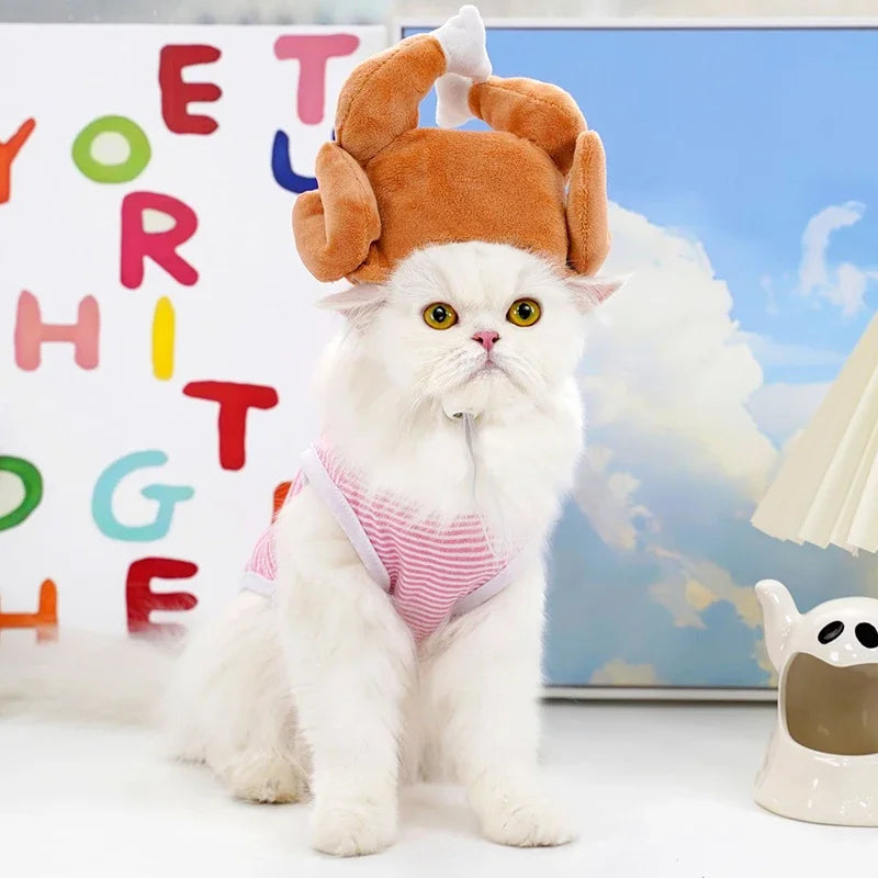 Fluffy cat wearing a funny chicken costume hat for funny cat hats for costumes