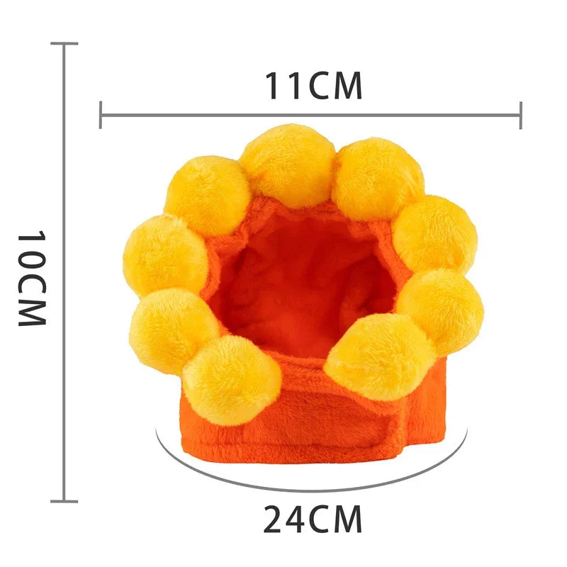 Funny cat hats for costumes in orange with yellow pom poms, measuring 24CM by 11CM
