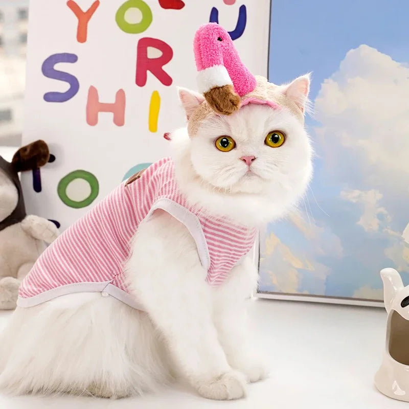 Adorable cat wearing a funny hat with a pink ice cream cone for funny cat hats for costumes