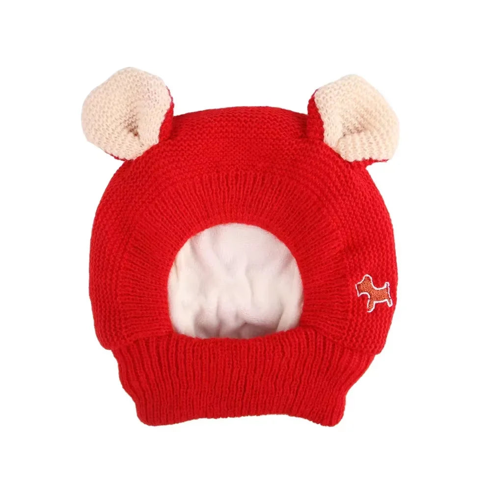 Red knitted funny cat hat for costumes featuring cute bear ears and a cozy interior
