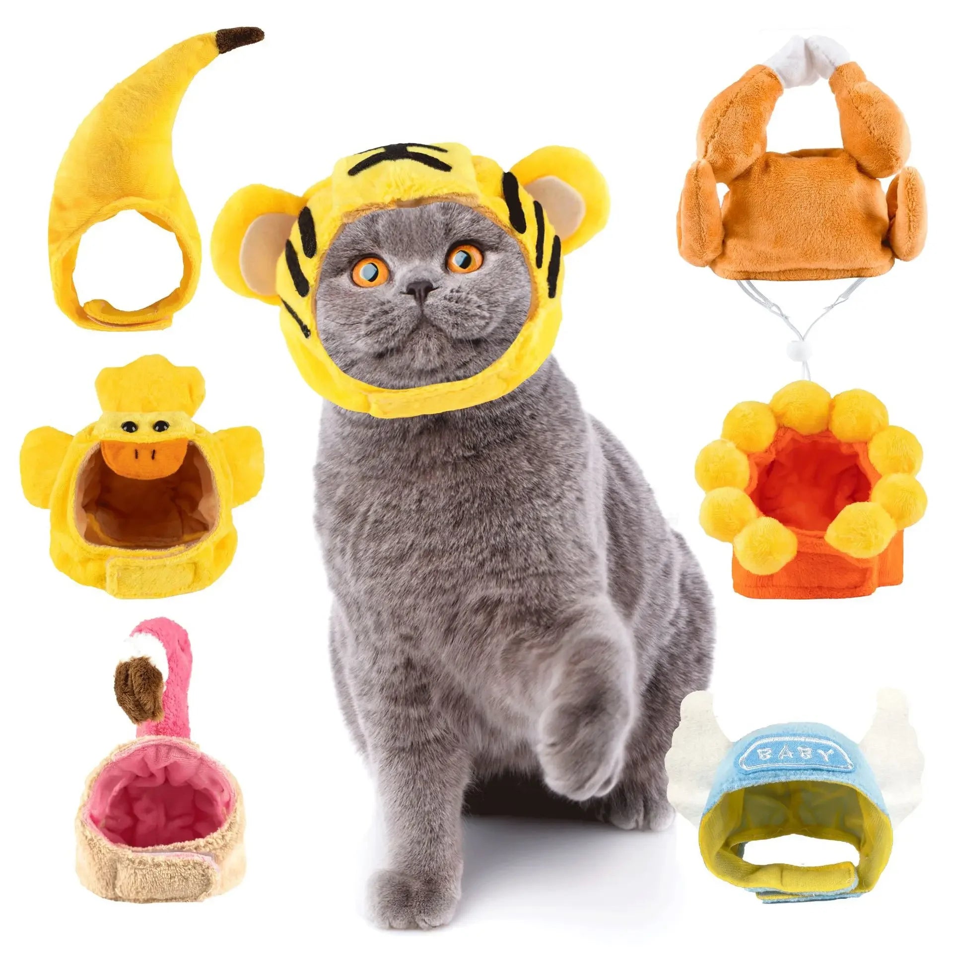 Collection of funny cat hats for costumes including tiger, banana, and chicken designs