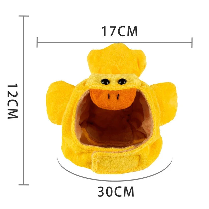 Funny cat hats for costumes featuring a fluffy yellow duck design with a cozy interior