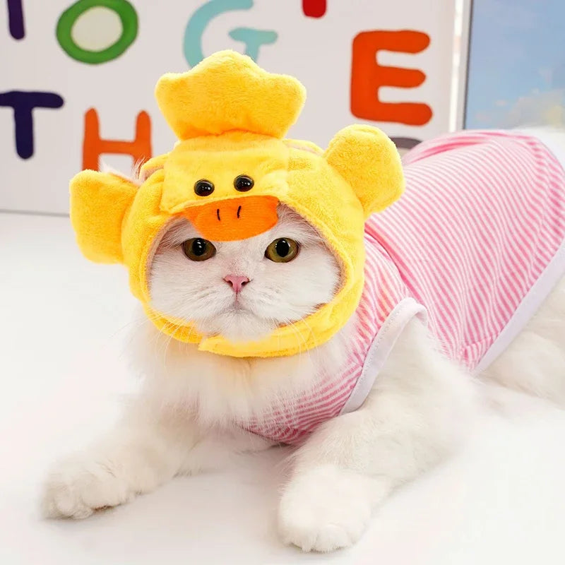 Fluffy cat wearing a cute yellow duck hat costume, perfect for funny cat hats for costumes