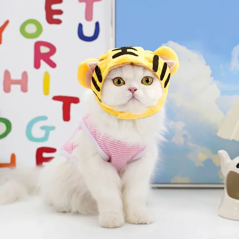 Funny cat hats for costumes featuring a yellow tiger design on a fluffy white cat