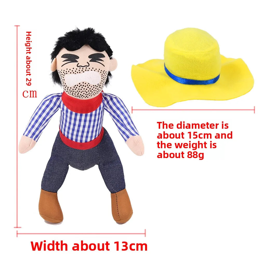 Funny dog costumes for Halloween featuring a plush cowboy doll with a yellow hat and sturdy body