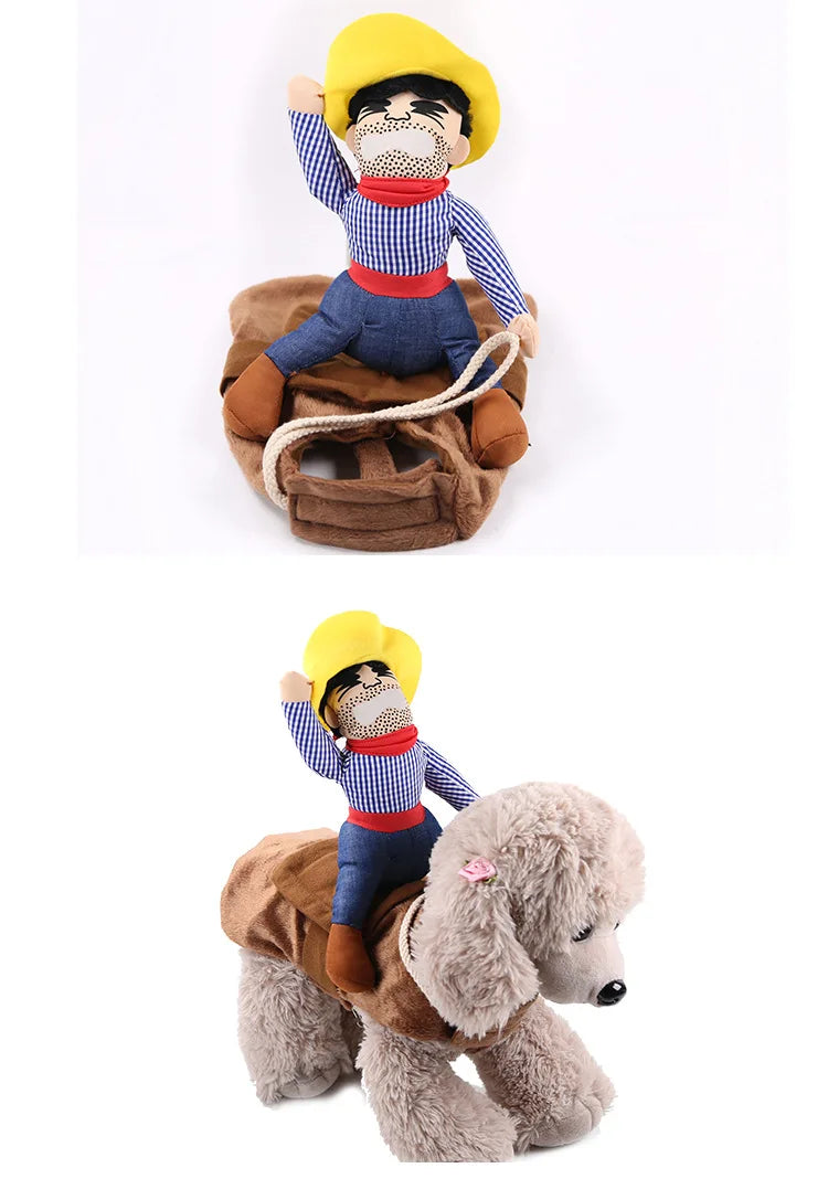 Funny dog costumes for Halloween featuring a cowboy on a plush saddle for dogs