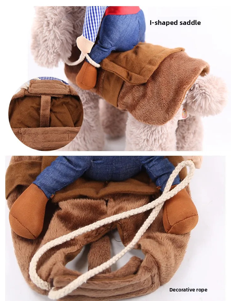 Funny dog costumes for Halloween featuring an I-shaped saddle and decorative rope for an adorable look