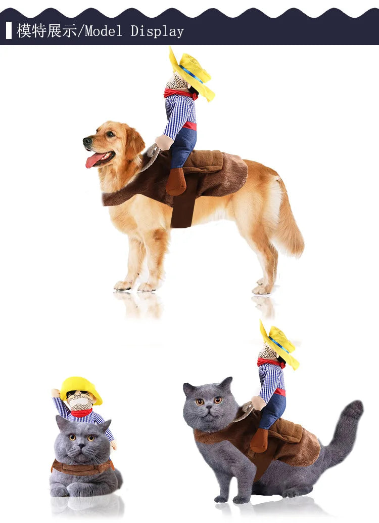 Funny dog costumes for Halloween featuring a cowboy on a golden retriever and a saddle on a cat