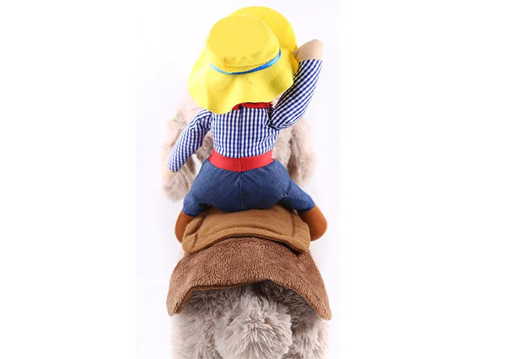 Funny dog costumes for Halloween featuring a rider on a plush dog outfit