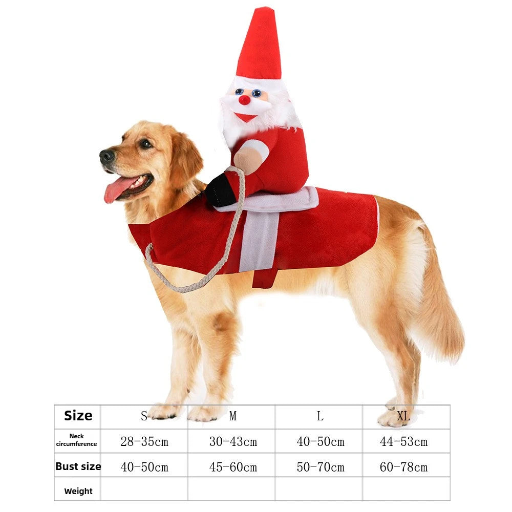 Funny dog costumes for Halloween featuring a golden retriever in a Santa outfit with a plush Santa rider