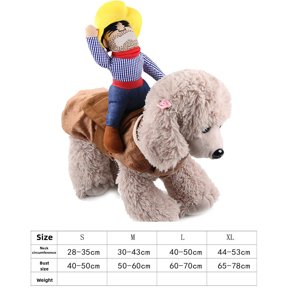 Funny dog costumes for Halloween featuring a cowboy riding on a plush poodle for pet festivities