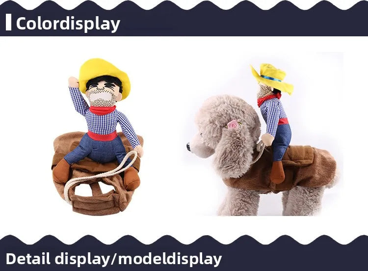 Funny dog costumes for Halloween featuring a cowboy rider plush on a fluffy dog outfit