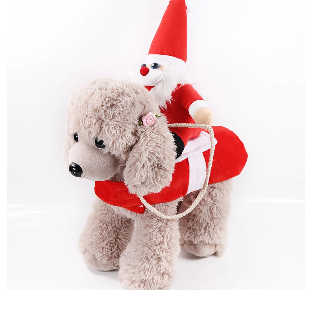 Funny dog costumes for Halloween featuring a dog dressed as Santa with a toy riding on its back